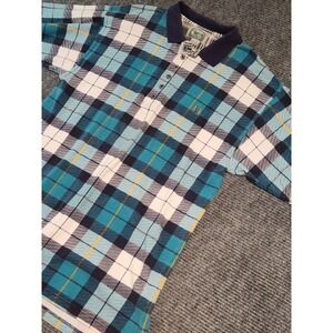 Siegfried Mens XL Plaid Polo Shirt Teal Navy White Cotton Short Sleeve Vintage